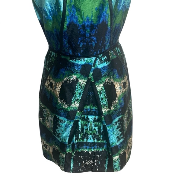 Laundry By Shelli Segal Silk Mini Dress Green Blue Watercolor Sz 2 Sheath Party - Picture 4 of 9